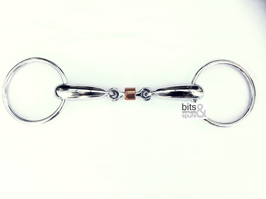 Stainless steel hollow mouth, loose ring snaffle bit with copper roller.
